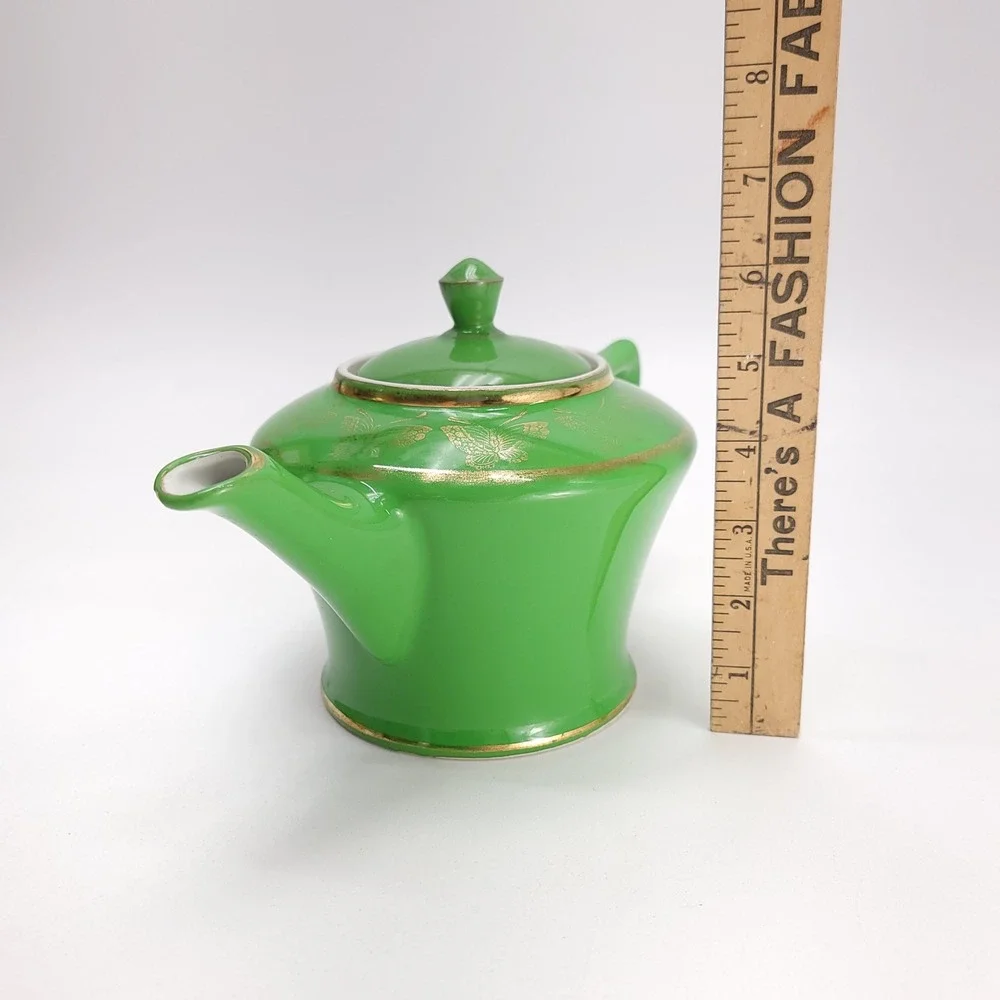 Vintage‎ Hall China 0152 Green 6 Cup Teapot Gold Butterfly Motif Made in USA